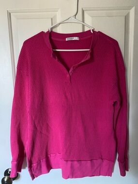 Bright Pink Waffle Knit Henley Pullover